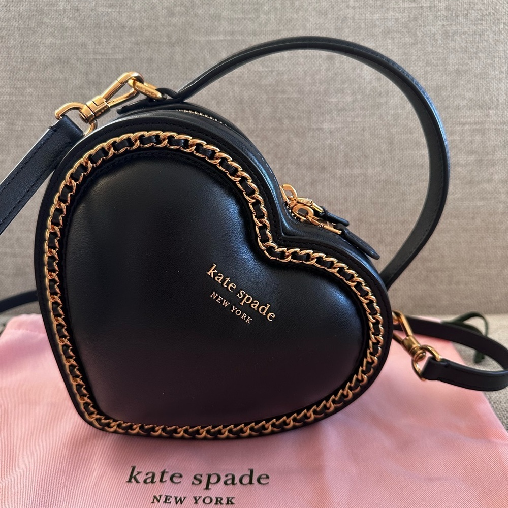 Kate Spade Amour 3D puff heart crossbody bag soft smooth leather gold chain trim - Picture 3 of 9